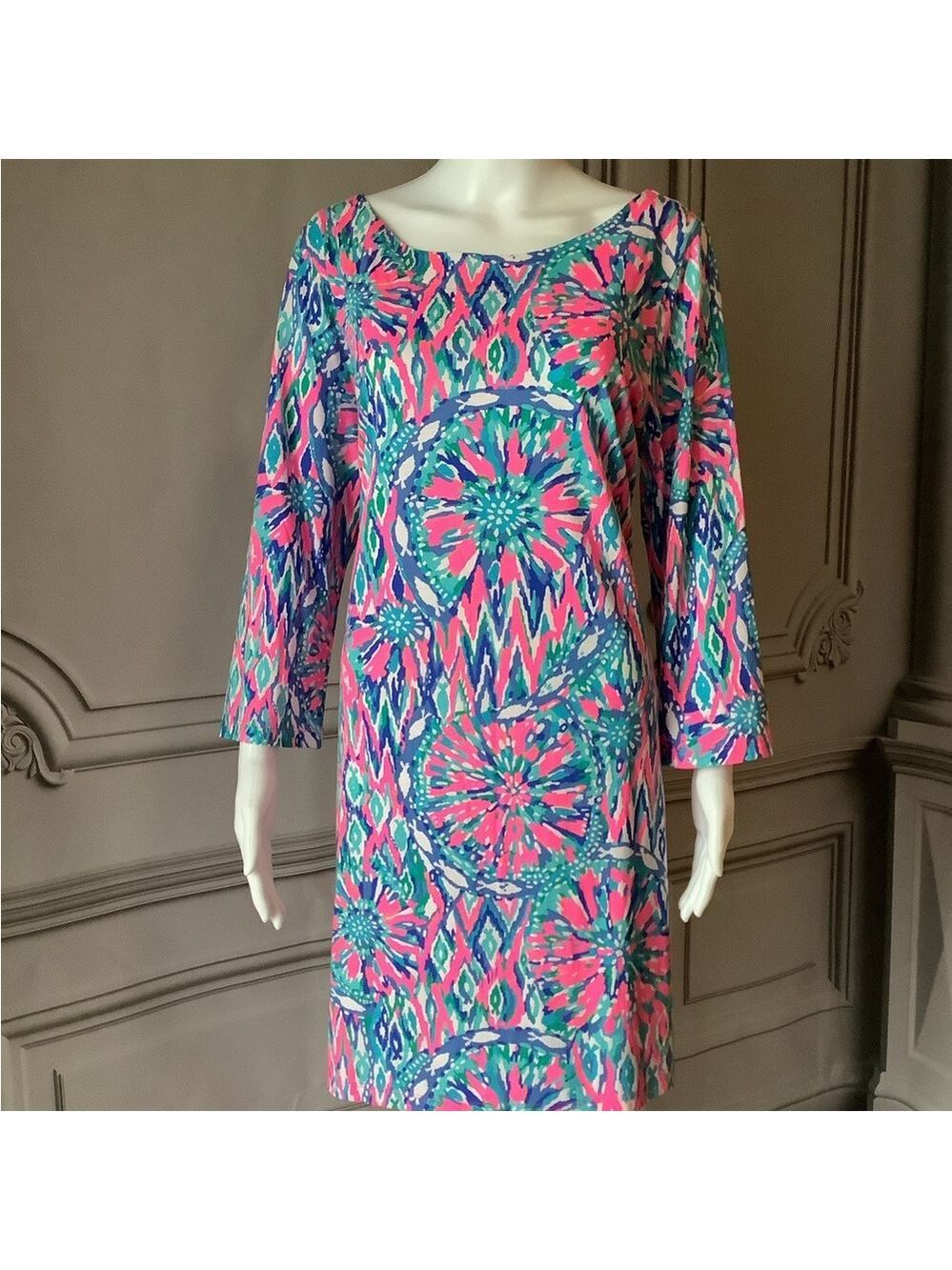 Lilly Pulitzer 3/4 Sleeve BAY DRESS Tiki Pink in Shake It Up Print Size XL